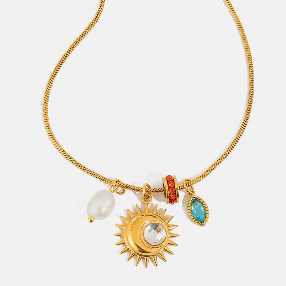 18K Gold Plated Sun Pearl and Gemstone Charms Nekclace - Picture 6 of 8